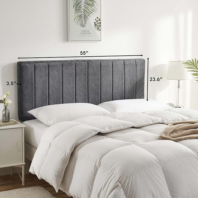 Hearth & Harbor Upholstered Full Headboard - Easy Assemble Channel Stitched Headboard Full Size - Wall Mounted Headboards with 3D Soundproof Wall Panels Peel & Stick Floating Headboards, Grey