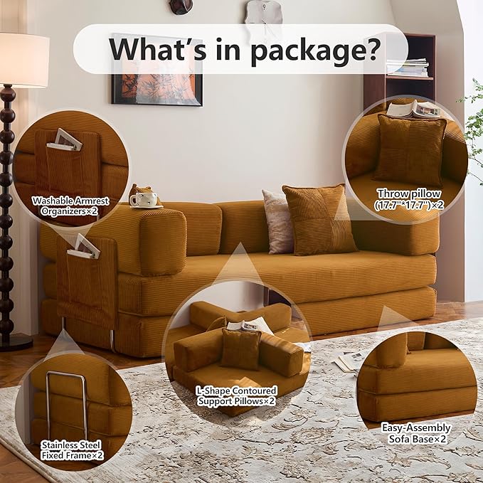 78.8" Convertible Sofa Bed - Compression Sofa with Corduroy Fabric - with Armrests and Backrest - Modular Sectional for Living Room, Bedroom, Studio - Compression Sofa in Box (Yellow)