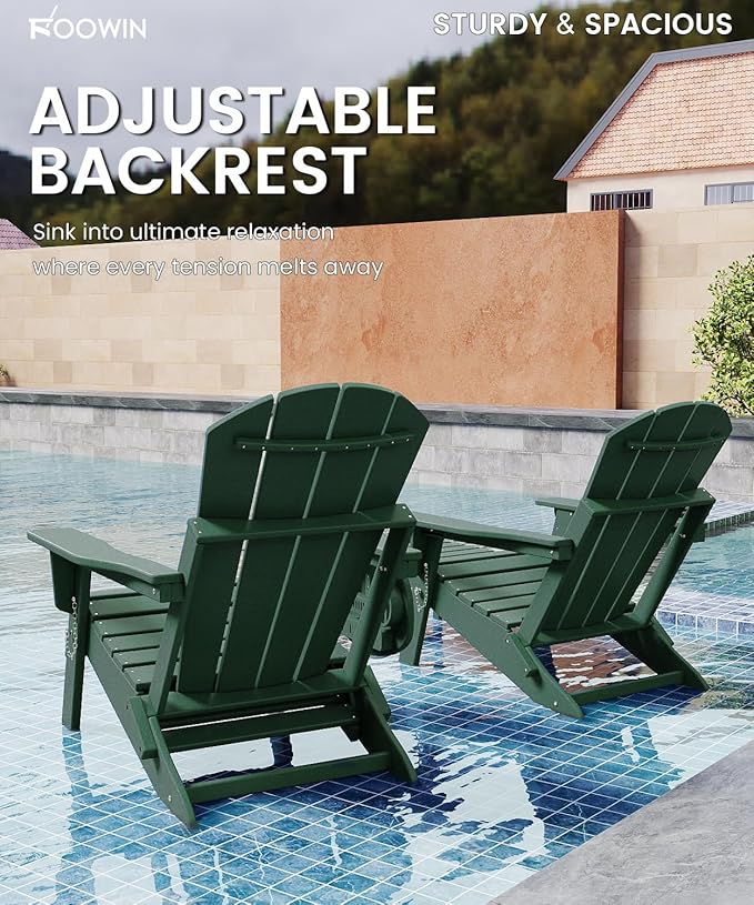 FOOWIN Folding Adjustable Adirondack Chair with Retractable Ottoman Set of 4, HDPE Adirondack Chair w/4 in 1 Cup Holder Trays,All-Weather Resistant Fire Pit Chair for Outdoor Patio Lawn, Dark Green