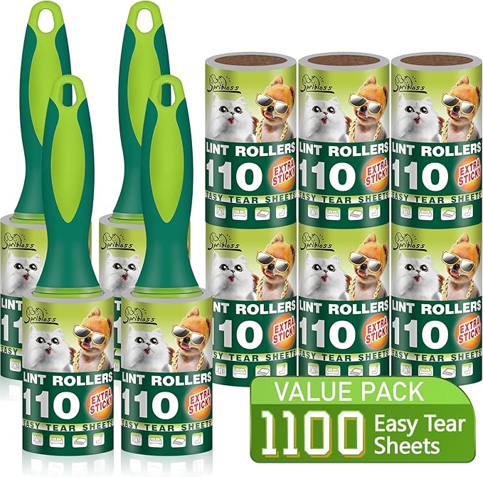 Extra Sticky Lint Rollers for Pet Hair, 1100 Sheets Total, Upgraded 4 Handles with 10 Refills Portable Travel Size for Couch Furniture Clothes Dog & Cat Hair Remover