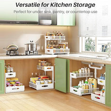 Under Sink Organizer, 1-Pack Pull Out Cabinet Organizer 2 Tier Metal Slide Out Storage Shelf Rack, L-Shaped Adjustable Height,Mesh Sliding Drawer for Kitchen, Bathroom, Laundry, Pantry, White, XL