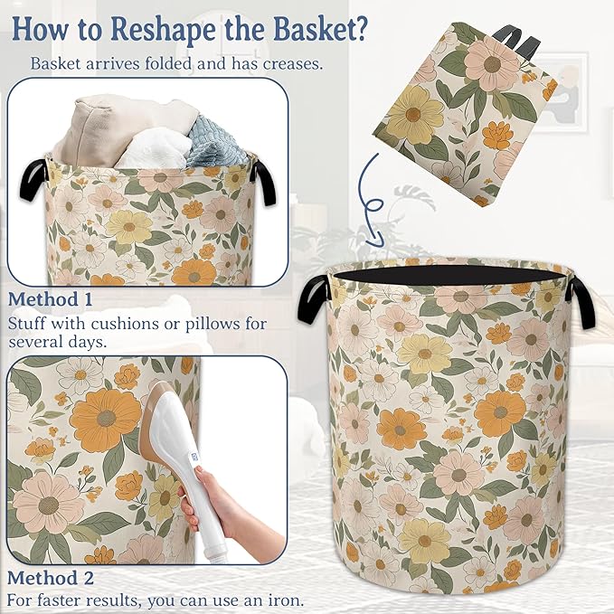 Retro Boho Groovy Flower Laundry Basket,Foldable Waterproof Oxford Cloth Tote Bag Laundry Hamper with Handles,20.8"x16" Clothes Storage Bucket Organizer for Laundry Room, Bathroom, Bedroom