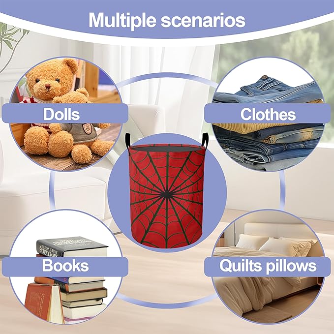 Red Spider Web Laundry Basket-Large Foldable Hamper Holder Portable Tall Collapsible Laundry Hamper Storage Basket Bin with Handles, Canvas & Waterproof lining for Household Items