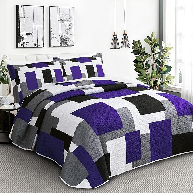 3 Piece Dark Purple Grey Quilt Set California King Size Black White Geometric Reversible Bedding Set Microfiber Lightweight Bedspread Coverlet with 2 Shams Bed Covers for All Season, 118''x106''