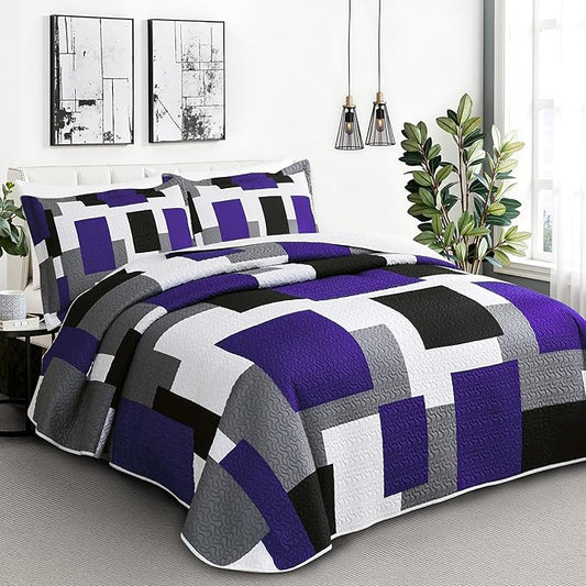 3 Piece Dark Purple Grey Quilt Set California King Size Black White Geometric Reversible Bedding Set Microfiber Lightweight Bedspread Coverlet with 2 Shams Bed Covers for All Season, 118''x106''