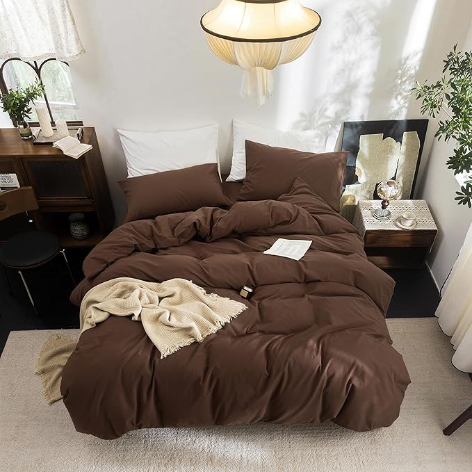 FOSSA Duvet Cover Set 100% Washed Cotton Linen Feel Super Soft Breathable Cozy 3 Pieces Bedding Sets Solid Cocoa Brown California King
