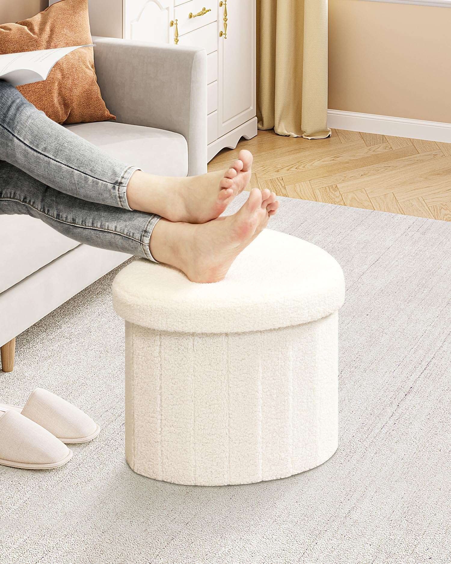 B FSOBEIIALEO Storage Ottoman Cube, Flowers Shaped Ottomans with Storage Foot Stool Footrest for Lving Room, Boucle Ottoman Seat for Dorm Room,Faux Teddy Fur,White 12.6"x12.6"x12.6" Dormly