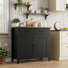 HORSTORS Kitchen Storage Cabinet, Modern Farmhouse Buffet Cabinet with Storage, Coffee Bar with 2 Drawers and 2 Doors, Floor Sideboard Buffet for Living Room, Dining Room, Bathroom, Black/Rustic Brown