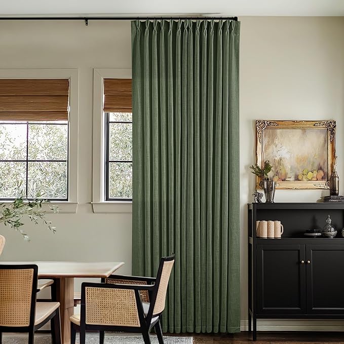 Olive Green Pinch Pleated Linen Curtains 92 Inches Long 2 Panels for Living Room Bedroom Semi Sheer Pinch Pleat Drapes with Hooks Rings Boho Farmhouse Light Filtering Window Curtain 40x92