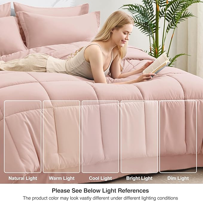Love's cabin Queen Comforter Set Blush Pink, 7 Pieces Queen Bed in a Bag, All Season Bedding Sets with 1 Comforter, 1 Flat Sheet, 1 Fitted Sheet, 2 Pillowcase and 2 Pillow Sham