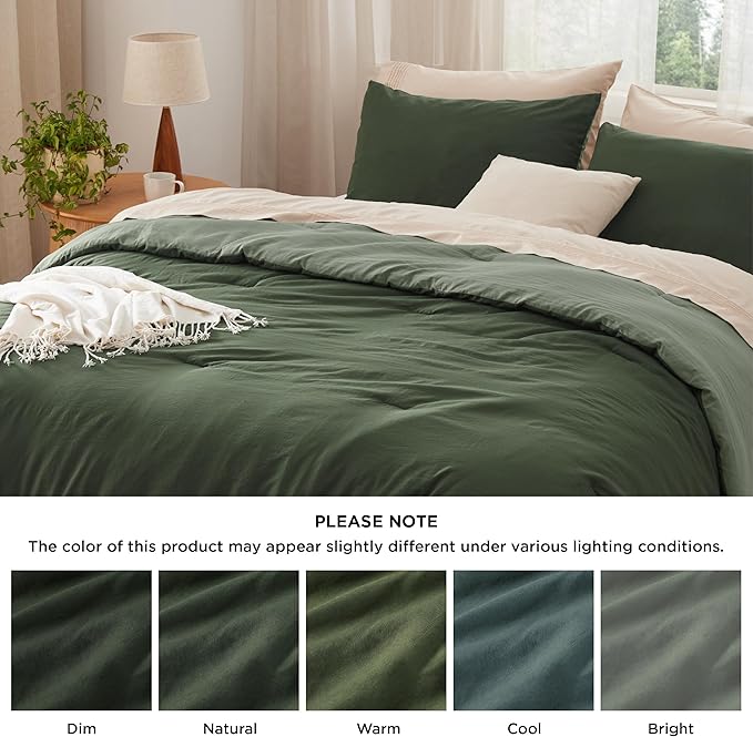 Bedsure King Size Comforter Set, Reversible Dark Green Soft Prewashed Bedding for All Seasons, 3 Pieces Warm Down Alternative Bed Set, 1 Lightweight Comforter (104"x90") and 2 Pillowcases (20"x36")