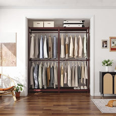 Homykic Bamboo Clothes Rack with Shelves and Double Hang Rods, Portable Closet System Garment Rack for Hanging Clothes, Tall Clothing Rack Corner Closet Organizer, Easy to Built, Espresso