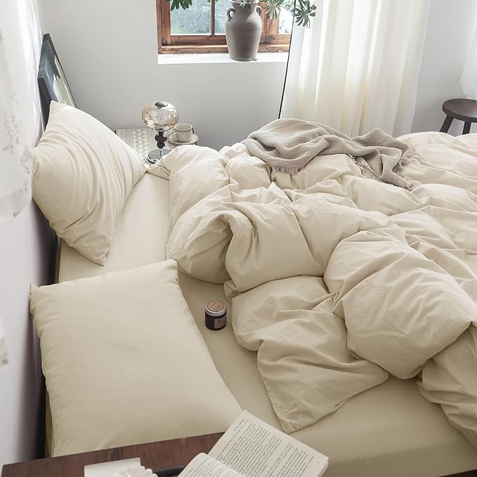 FOSSA Duvet Cover Set 100% Washed Cotton Linen Feel Super Soft Breathable Cozy 3 Pieces Bedding Sets Solid Almond Grey King