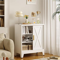 Metal Coffee Bar Cabinet with Storage, Farmhouse Coffee Bar Table with Sliding Barn Door and Adjustable Shelves, Small White Sideboard Cabinets for Kitchen, Entryway, Office