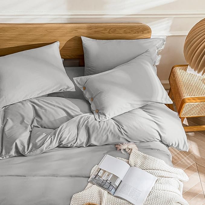 JELLYMONI Cotton Duvet Cover Twin Size - Light Gray Comforter Cover with Button 100% Washed Cotton 2PCS Breathable Soft Solid Bedding Set Duvet Cover 68×90in & 1 Pillowcase (NO Comforter)