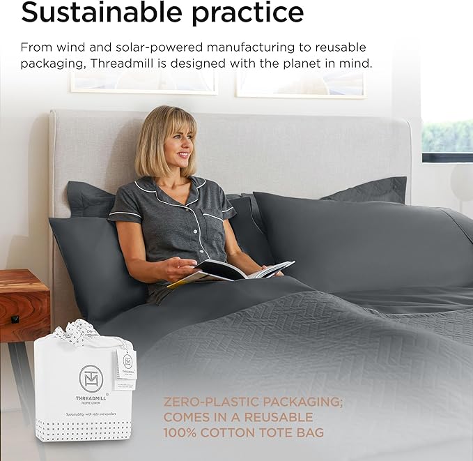 Threadmill 100% Cotton Sheets for Cal King Size Bed - 600 Thread Count Cal King Bed Sheets Set with 16” Deep Pocket - Sateen Weave 4-Piece Bedding Set with Cooling Effect, Dark Grey