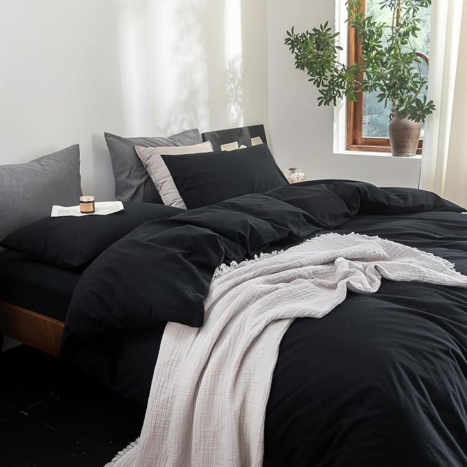 FOSSA Duvet Cover Set 100% Washed Cotton Linen Feel Super Soft Breathable Cozy 3 Pieces Bedding Sets Solid Black Oversized King
