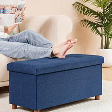 B FSOBEIIALEO Storage Ottoman with Tray, Foot Stools and Ottomans with Legs, Storage Cube Seat Linen Blue 30