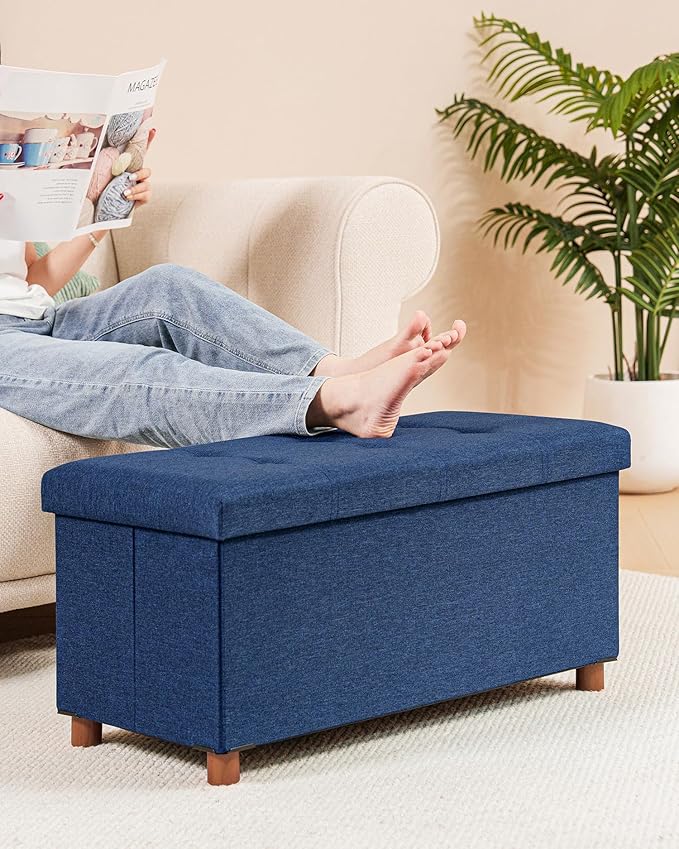 B FSOBEIIALEO Storage Ottoman with Tray, Foot Stools and Ottomans with Legs, Storage Cube Seat Linen Blue 30"