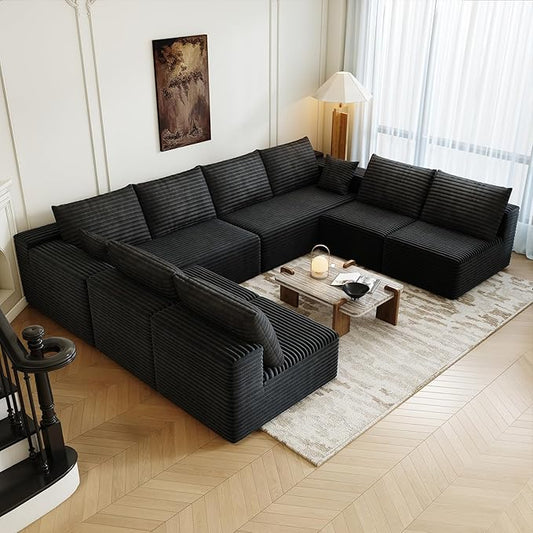 139.4" Modular Sectional Sofa Couch, Oversized U-Shaped Minimalist Couches with 4 Middle Seats Chaise, Modern Deep Seat Cloud Plush Corduroy Sofas Set for Living Room, 8 Seater, Black