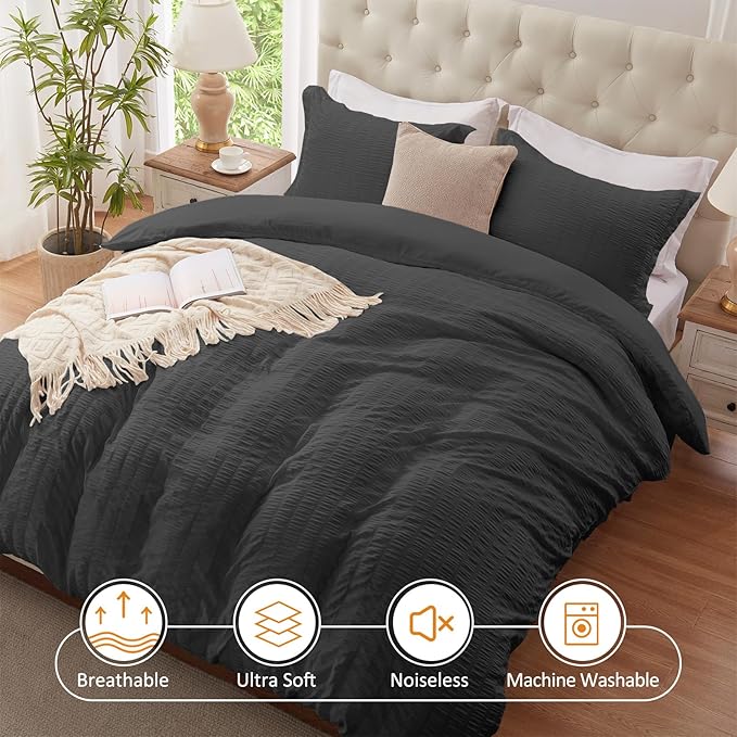 Cozyide Dark Grey Duvet Cover King Size, 3 Pieces Bedding Duvet Covers, Breathable Seersucker Duvet Cover Set with Zipper Closure and Corner Ties (1 Duvet Cover 104"x90" + 2 Pillow Shams 20"x36")