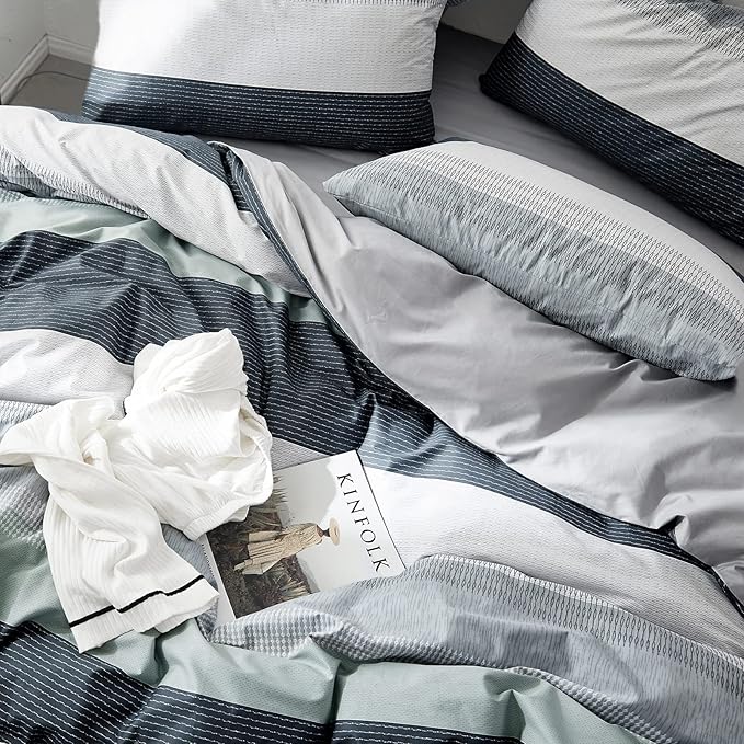 VM VOUGEMARKET Stripes Duvet Cover Set Twin,Blue Green Striped Duvet Cover with 2 Pillowcases for Teens,100% Cotton Modern Cozy Comforter Cover with Zipper Closure & Corner Ties 68"x86"