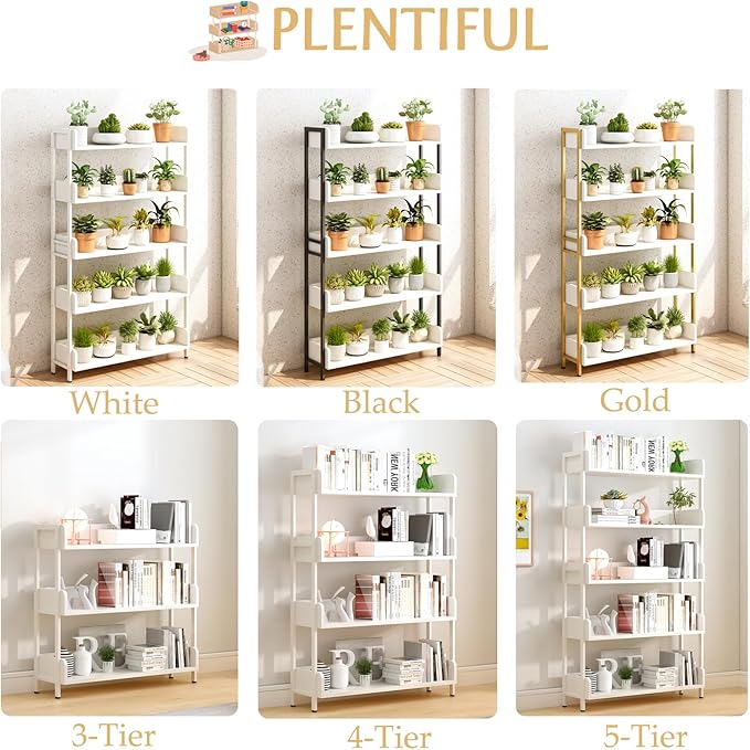 Wide Open Shelf Bookcase - Modern 5-Tier Floor Standing Display Bookshelf with Three-Side Baffles and Metal Frame for Home and Office, Storage Shelving, Warm White
