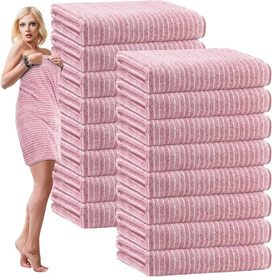 16 Pack Microfiber Bath Towels Bulk 27'' x 60'' Oversized Size Bath Towel Highly Absorbent Extra Large Soft Drying for Shower Beach Winter Salon Sport Gym Party (Pinstripe,Pink)
