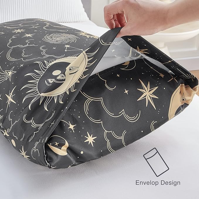 EXQ Home Satin Pillowcase for Hair and Skin Queen - Black Printed Silk Pillow Cases 2 Pack 20x30 inches - Satin Pillow Cases Set of 2 with Envelope Closure, Gifts for Women Men