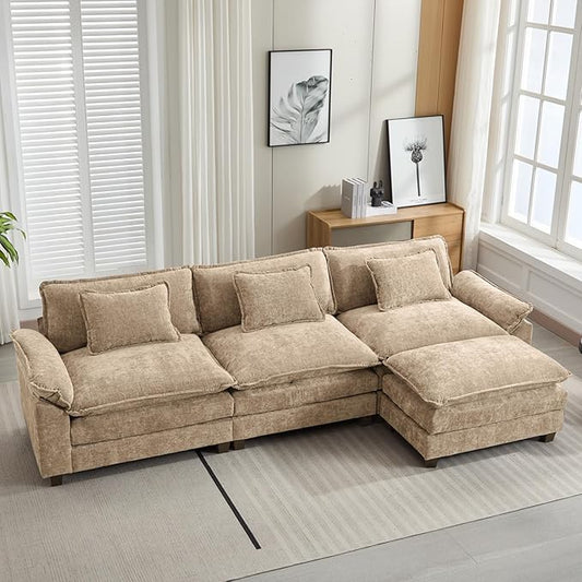120" Modular Sectional Sofa, Comfy Cloud Couch Sectional Sofa with Ottoman, Chenille Sofa Sleeper Deep Seat Sofa with Throw Pillows for Living Room (Khaki, 120"- L Shape)