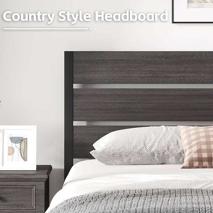 Full Bed Frame with Headboard and Footboard, Metal Platform Bed Frame with Under Bed Storage, All-Metal Support System, No Box Spring Needed, Easy Assembly,Rustic Grey