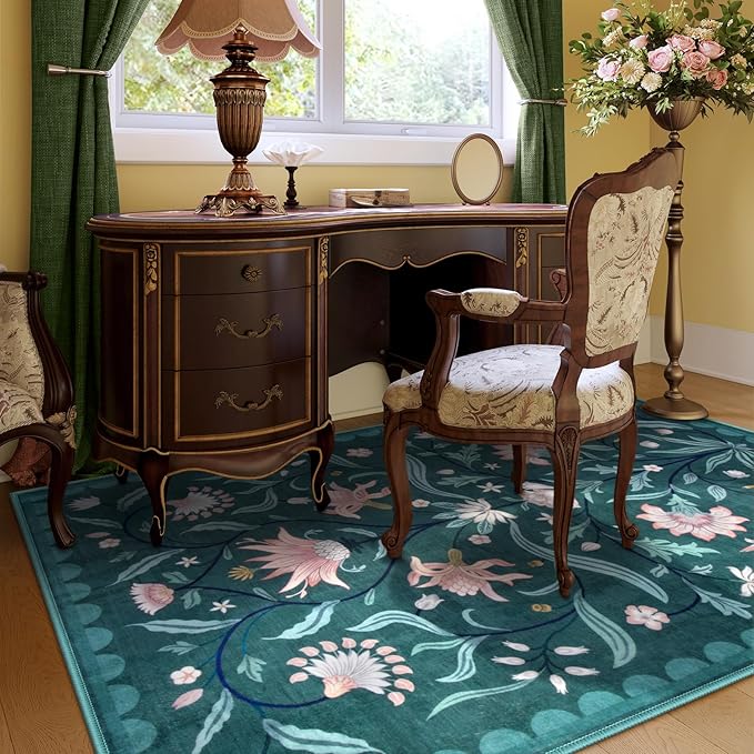 Lahome Boho Floral Washable Dark Teal 5x7 Area Rugs for Living Room, Non Slip Rugs for Bedroom, Indoor Ultra-Thin Throw Dining Room Carpet for Under Table Entryway Kitchen Dorm(Dark Teal,5x7)