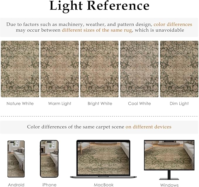 6x9 Washable Vintage Area Rug Green Brown Living Room Bedroom Carpet Non-Slip Soft Low Pile Distressed Indoor Throw Rug for Dining Room Entryway Office