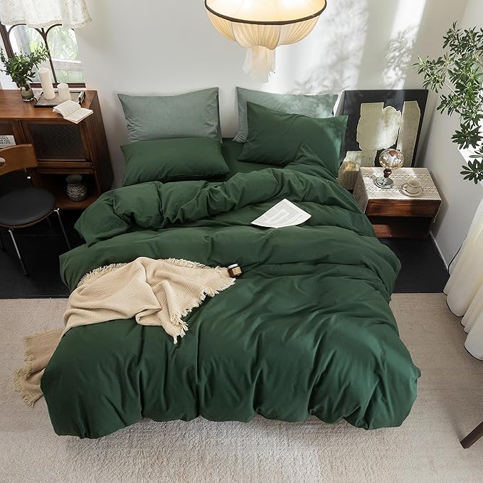 FOSSA Duvet Cove Set 100% Washed Cotton Linen Feel Super Soft Breathable Cozy 3 Pieces Bedding Sets Solid Forest Green Twin