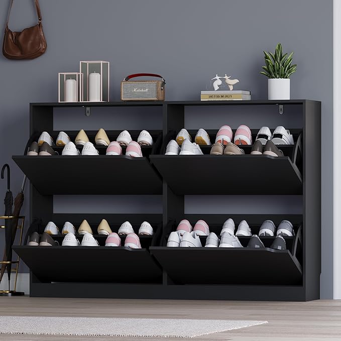 Shoe Cabinet with 4 Flip Drawers, Narrow Hidden Shoe Storage Cabinet, Slim Freestanding Shoe Rack Organizer for Entryway, Hallway, Bedroom, Living Room