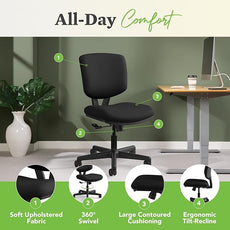 HON Volt Armless Office Chairs with Wheels, Ergonomic Adjustable Center-Tilt Recline, Fabric Back and Seat, Swivel Desk Chair, Black