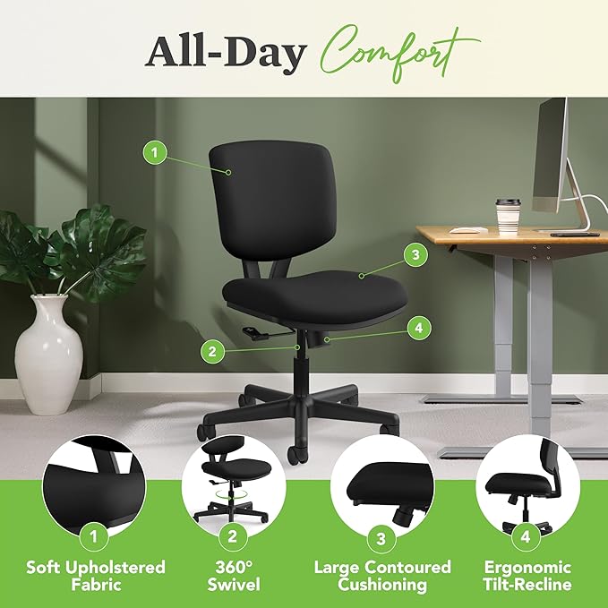 HON Volt Armless Office Chairs with Wheels, Ergonomic Adjustable Center-Tilt Recline, Fabric Back and Seat, Swivel Desk Chair, Black