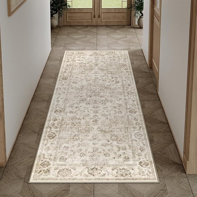 2x4 Washable Neutral Runner Rug Beige Vintage Hallway Kitchen Carpet Non-Slip Soft Low Pile Floral Throw Rug for Bedroom Bathroom Laundry Living Room