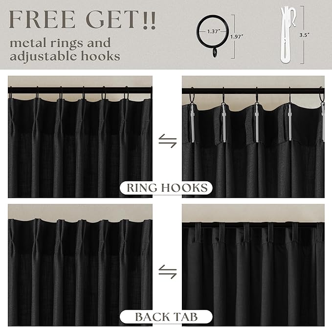 Linen Curtains 108 Inches Long 2 Panels Set for Living Room Farmhouse Boho Linen Textured Pinch Pleated Memory Shape Light Filtering Ceiling Semi Sheer 108 Inch Window Curtain with Hook Rings Black