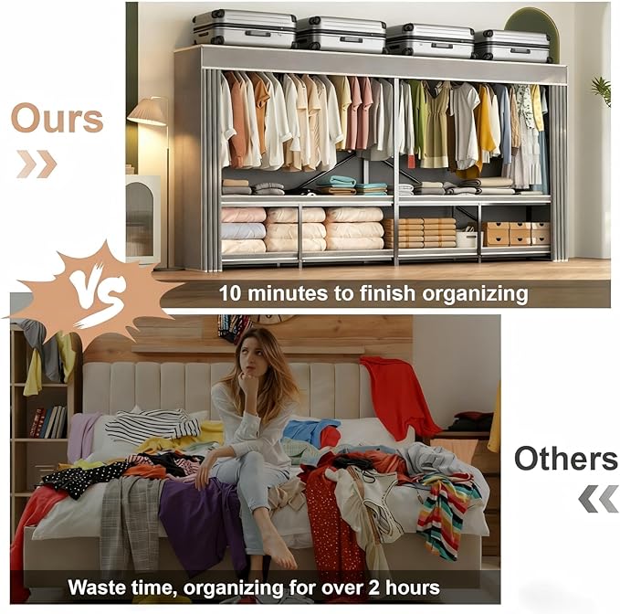 95.7" Wide Wardrobe Portable Closet with Cover, Heavy Duty Stainless Steel Clothes Rack with Hanging Rails and Shelves, Large Storage Cabinet for Bedroom