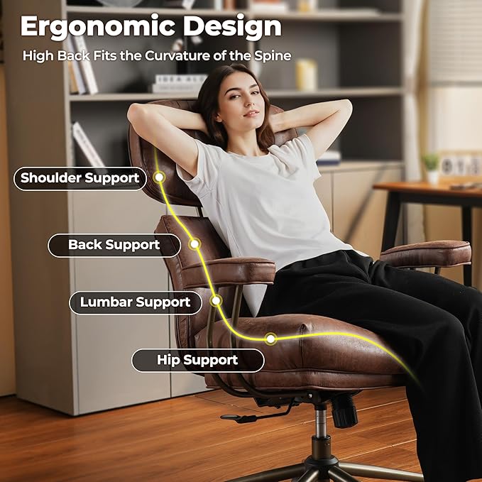 ovios Ergonomic Office Chair, High Back Faux Leather Executive Chairs with Thick Cushion, Comfy High-Century Modern Swivel Rolling Computer Armchair (Dark Brown, Suede Leather)