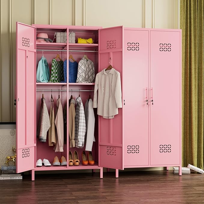 Aobabo Metal Wardrobe Cabinets with Lock, 2 Door Metal Closet with 4 Adjustable Shelves and 2 Hannging Rod, Lockable Locker Cabinet, Storage Locker for Home, Office,Pink, Assembly Required