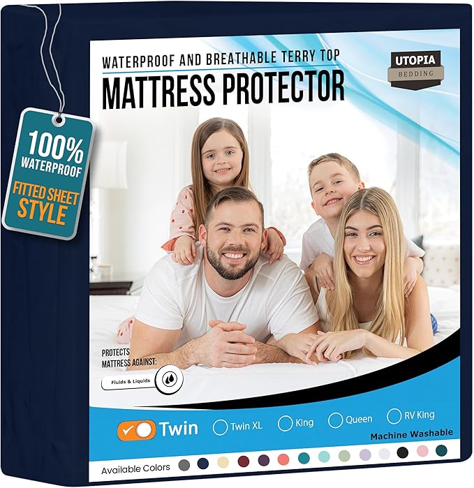 Utopia Bedding Waterproof Mattress Protector Twin Size, Premium Terry Mattress Cover 200 GSM, Breathable, Fitted Style with Stretchable Pockets (Navy)