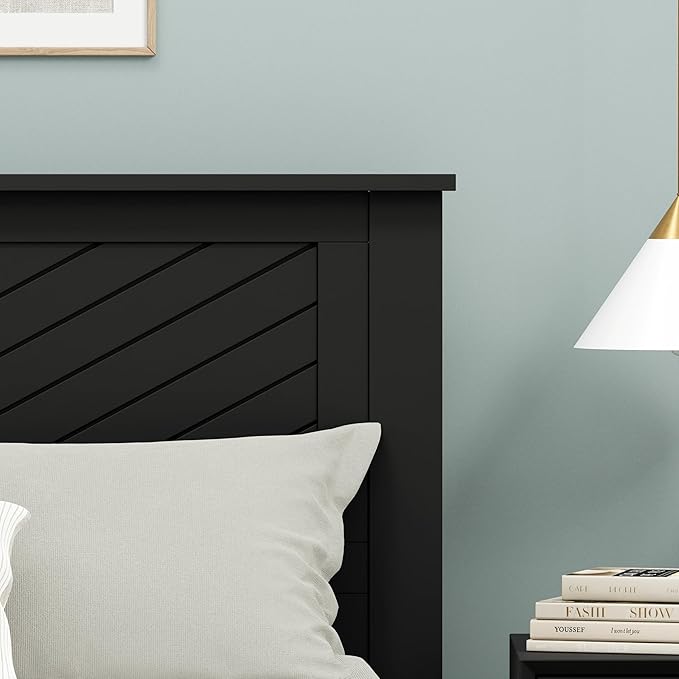 Serene Poplar Wood Queen Size Headboard in Black, Modern Farmhouse Panel with Chevron Scoring, Casual Coastal Style, Easy Assembly, Quality Materials