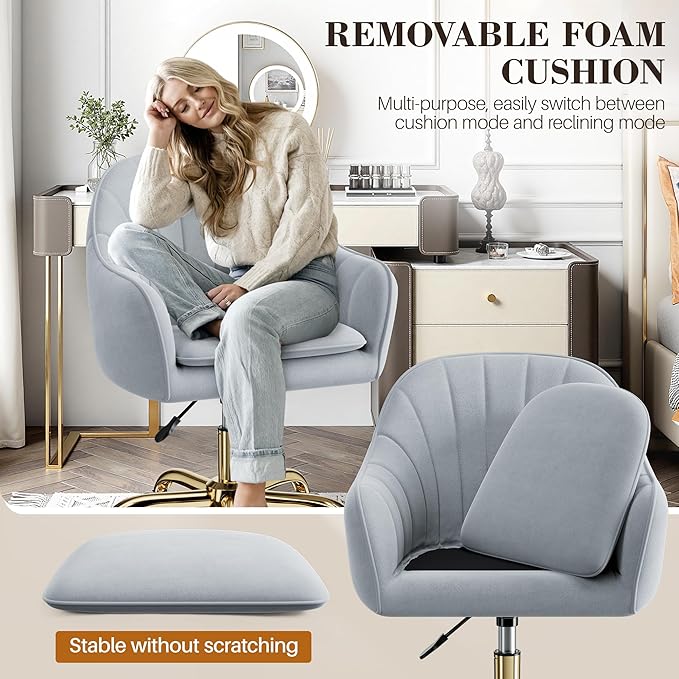 Vanity Chair with Wheels, Comfy Home Office Desk Chairs Adjustable Modern Velvet Makeup Vanity Chairs for Bedroom Living Room-Gray