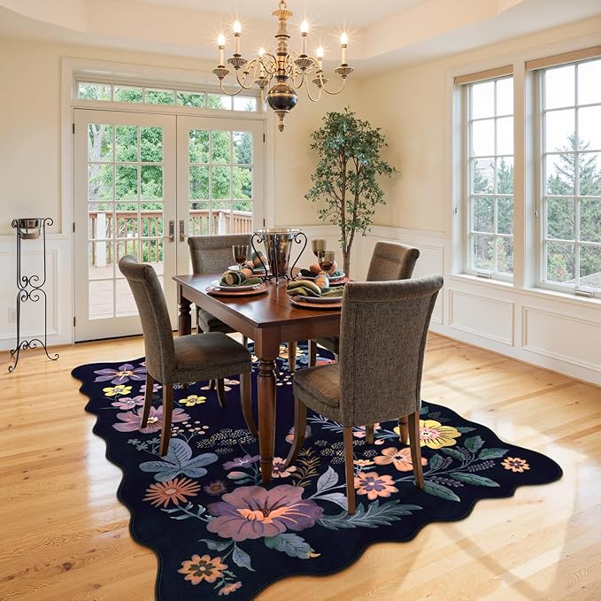 Lahome Floral Washable Rugs for Living Room, 5x7 Area Rugs Ultra-Thin Soft Rug, Non-Slip Bedroom Rug Stain Resistant Lightweight Boho Low-Pile Throw Carpet for ‎Dining Room Office (5x7ft,Purple)