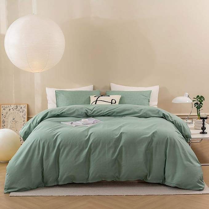 ECOCOTT Olive Green Duvet Cover King Size - 100% Washed Cotton Durable Soft Comfy Duvet Cover Set, 3 Pieces Duvet Cover with Zipper Closure (Green, 104''x90'')