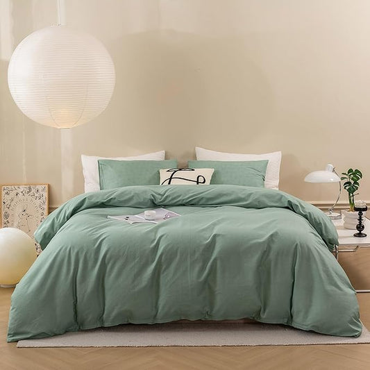 ECOCOTT Olive Green Duvet Cover King Size - 100% Washed Cotton Durable Soft Comfy Duvet Cover Set, 3 Pieces Duvet Cover with Zipper Closure (Green, 104''x90'')