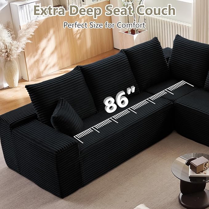 Sectional Cloud Couch for Living Room, Modern Modular Floor Deep-Seat Sofa, Upholstered L Shaped Sofas, Big Comfy Corduroy Couches Set for Living Room Bedroom, No Assembly Required, Black