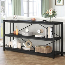 HSH Black Long Bookshelf, Large Wood Wide Horizontal Bookcase Under Window, Modern Long Open Book Shelf for Bedroom Living Room, Industrial Wooden Metal Bookshelves for Home Office, Black Oak, 63 Inch